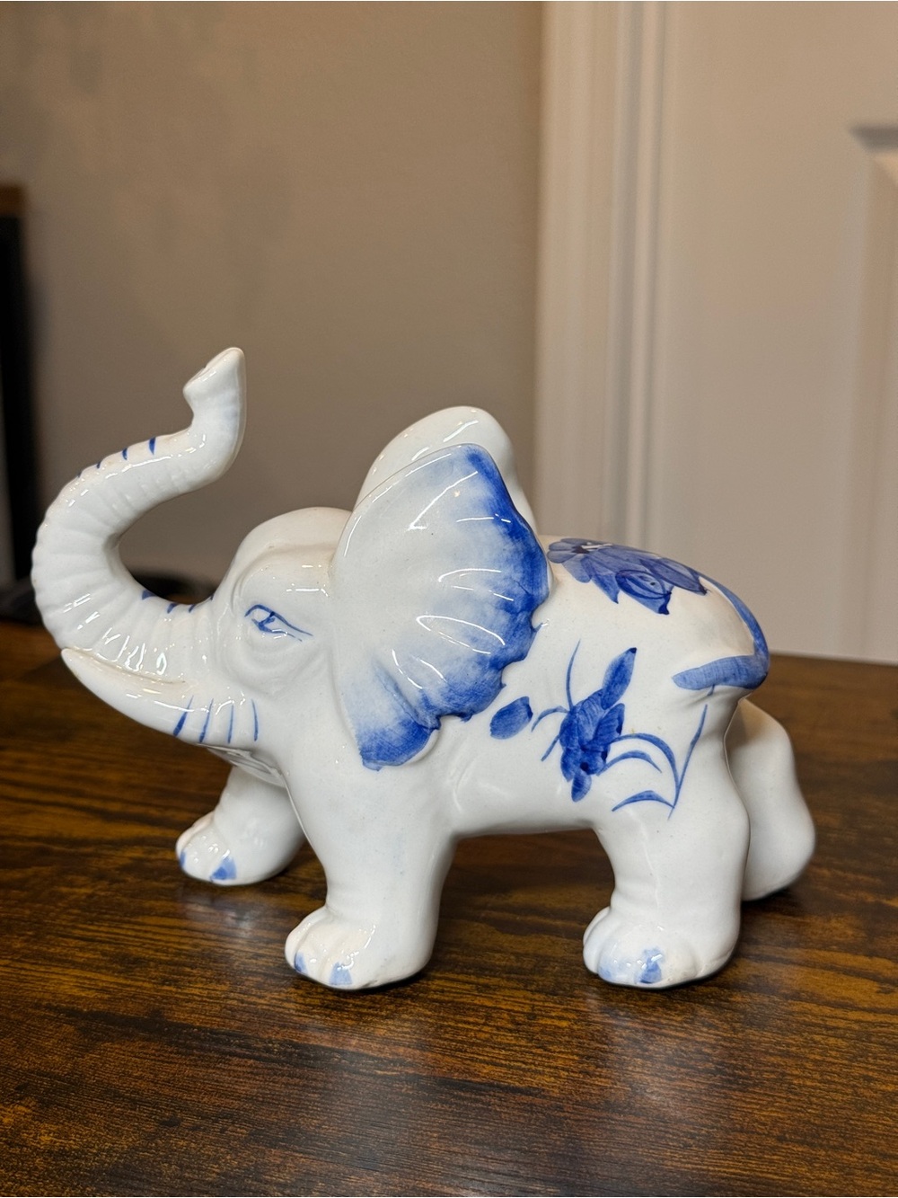 Vintage Blue & White Porcelain Elephant Figurine – Floral Chinoiserie Decor
